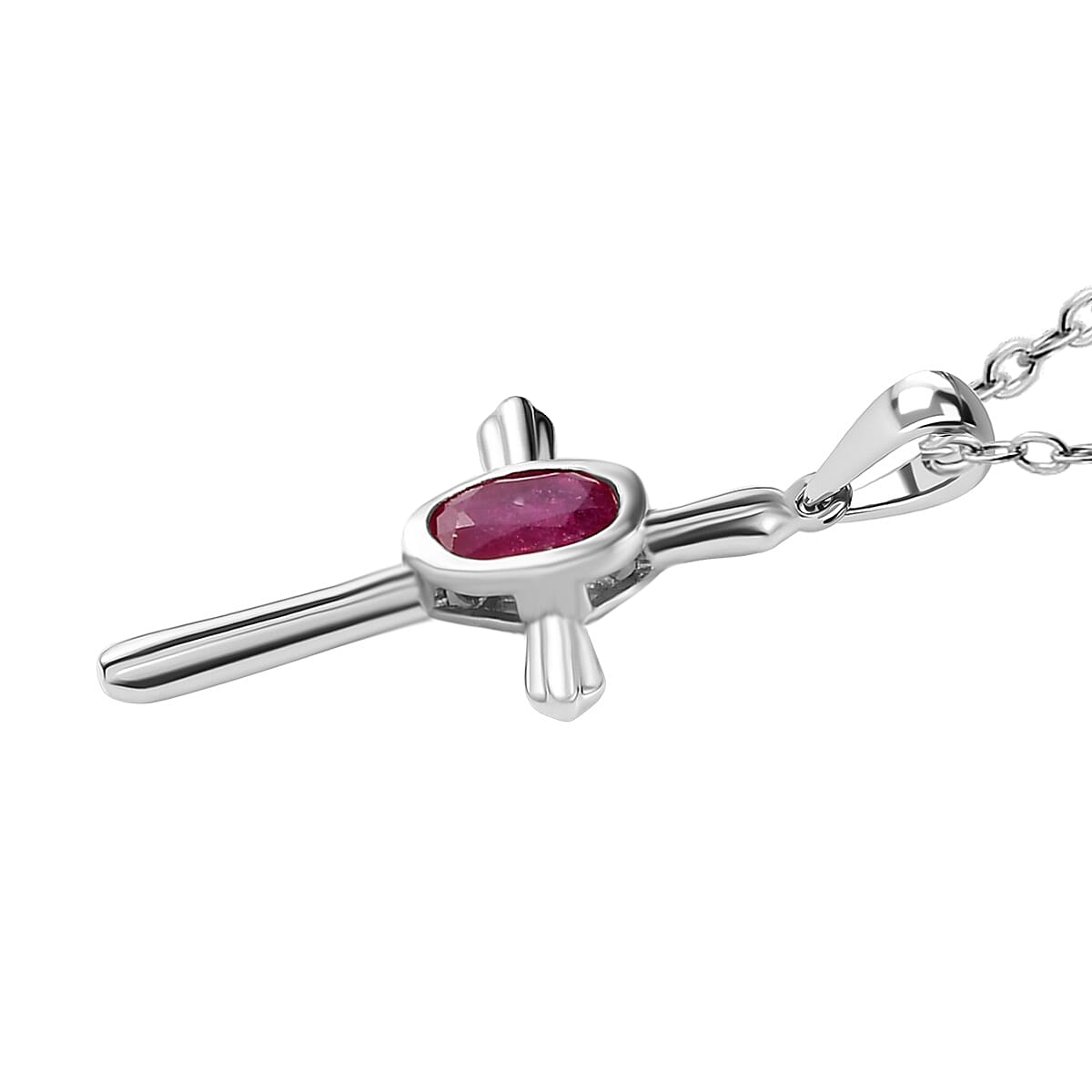 African Ruby (FF) Cross Pendant with Chain in Platinum Overlay Sterling Silver