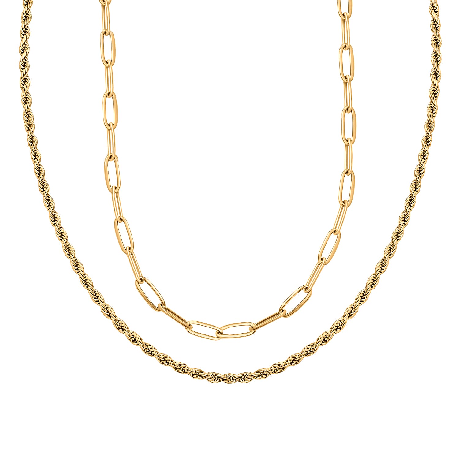 Set of 2 - Paperclip & Rope Necklace in Yellow Plated (Size 22-2 Ext.)