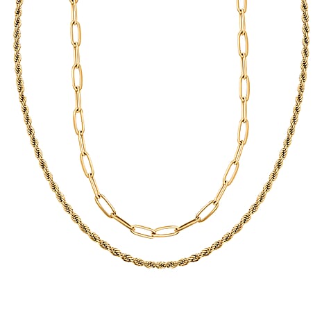 Set of 2 - Paperclip & Rope Necklace in Yellow Plated (Size 22-2 Ext.)