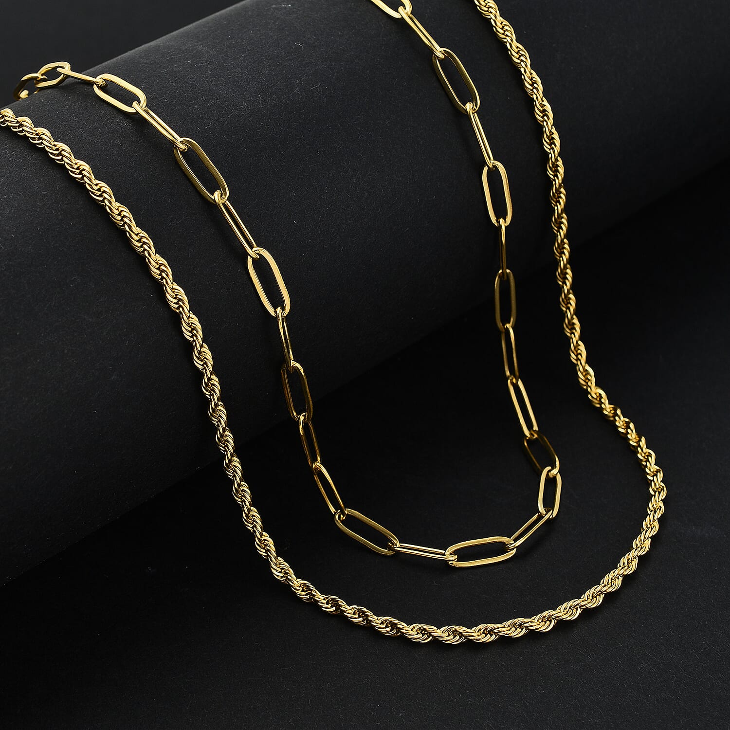 Set of 2 - Paperclip & Rope Necklace in Yellow Plated (Size 22-2 Ext.)
