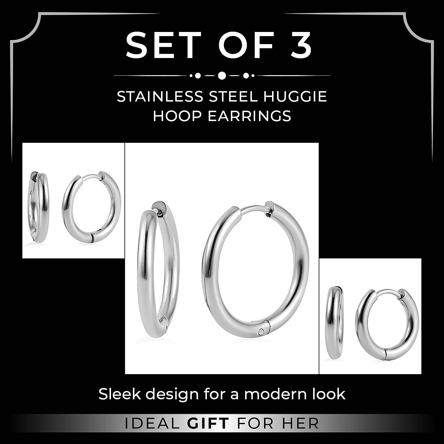 Set of 3 - Stainless Steel Huggie Hoop Earrings