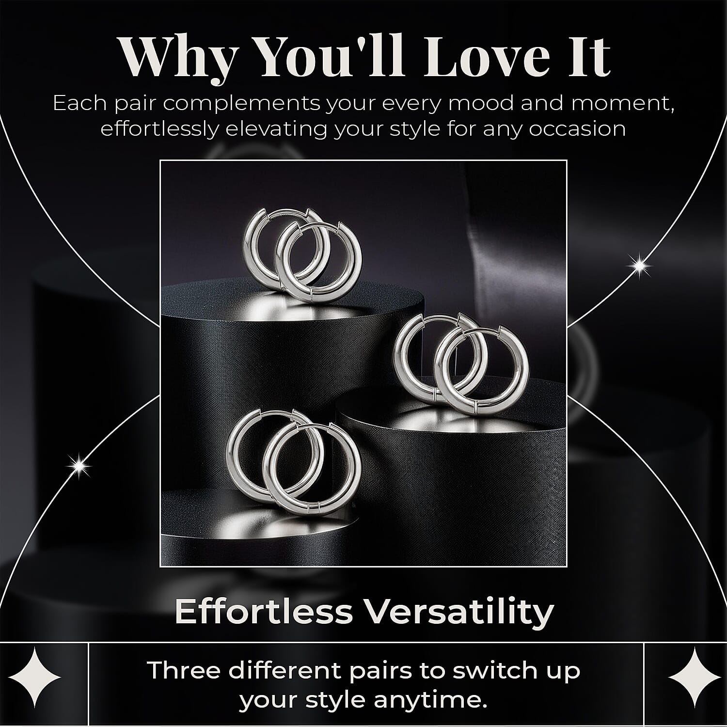 Set of 3 - Stainless Steel Huggie Hoop Earrings