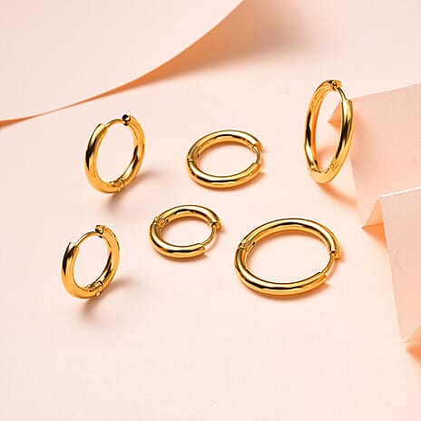 Set of 3 - Huggie Hoop Earrings in Yellow Gold Tone