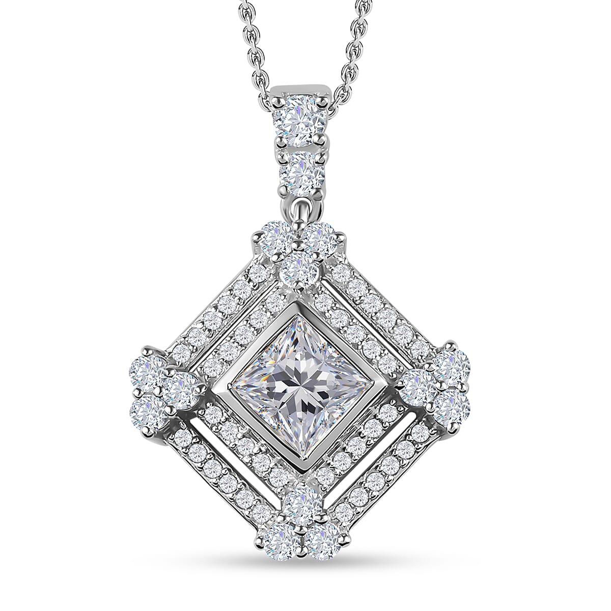 Moissanite Pendant with Chain (Size 20) Platinum Overlay Sterling Silver 1.95 Ct, Silver Wt 5.82 Gms
