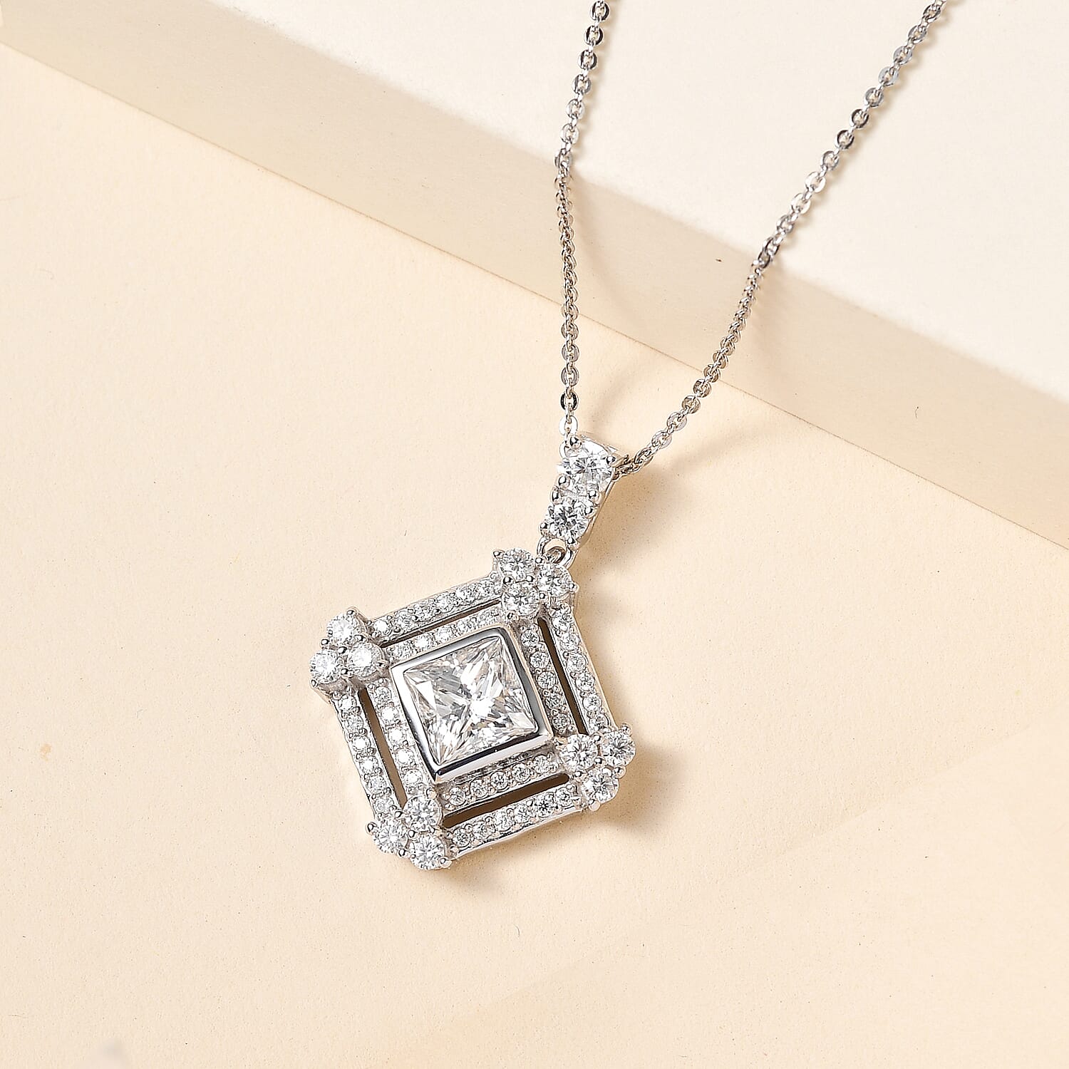 Moissanite Pendant with Chain (Size 20) Platinum Overlay Sterling Silver 1.95 Ct, Silver Wt 5.82 Gms