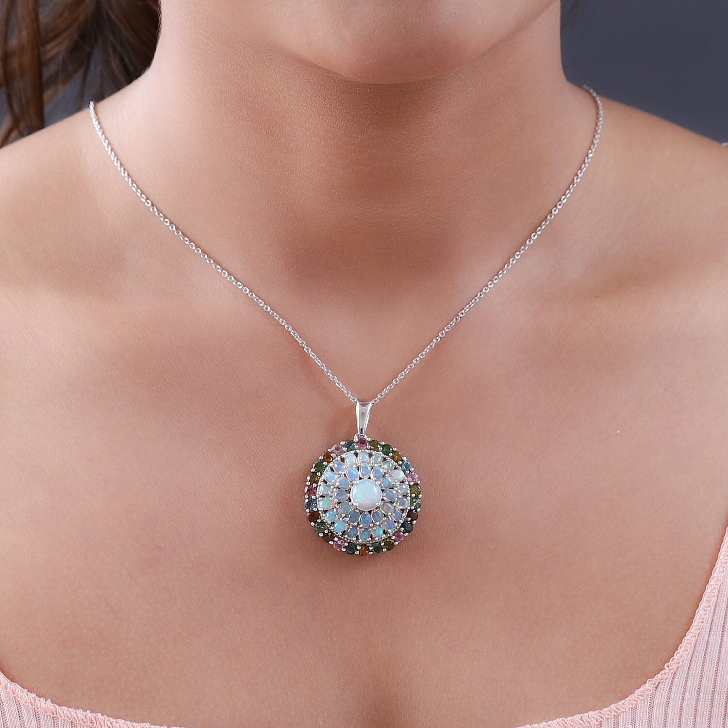 Ethiopian Welo Opal and Multi-Tourmaline Cluster Pendant with Chain (Size 20) in Platinum Overlay Sterling Silver 7.30 Ct, Silver Wt. 10.05 Gms.