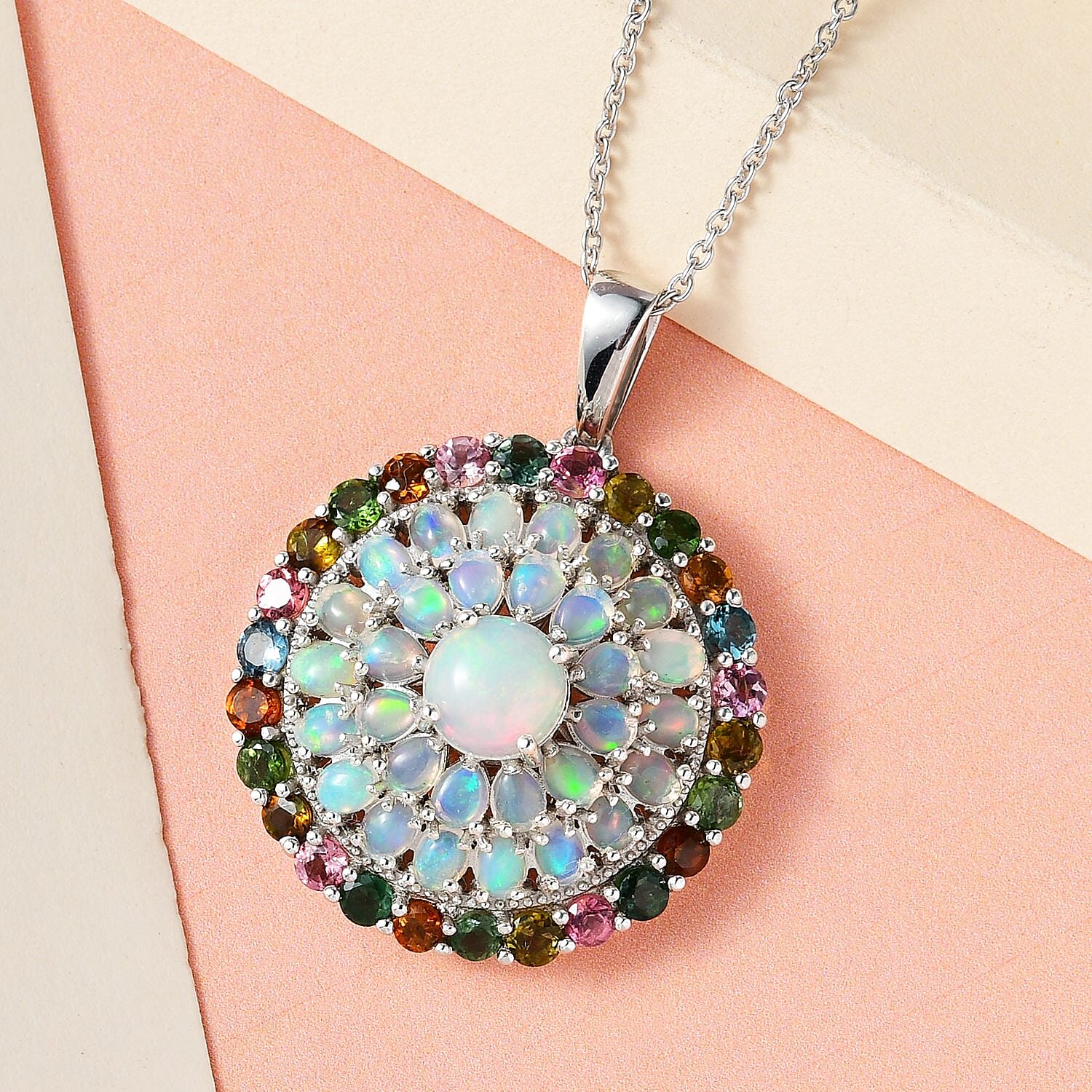 Ethiopian Welo Opal and Multi-Tourmaline Cluster Pendant with Chain (Size 20) in Platinum Overlay Sterling Silver 7.30 Ct, Silver Wt. 10.05 Gms.