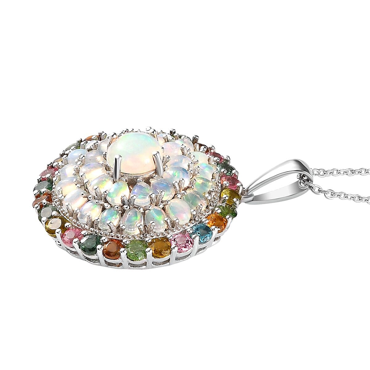 Ethiopian Welo Opal and Multi-Tourmaline Cluster Pendant with Chain (Size 20) in Platinum Overlay Sterling Silver 7.30 Ct, Silver Wt. 10.05 Gms.