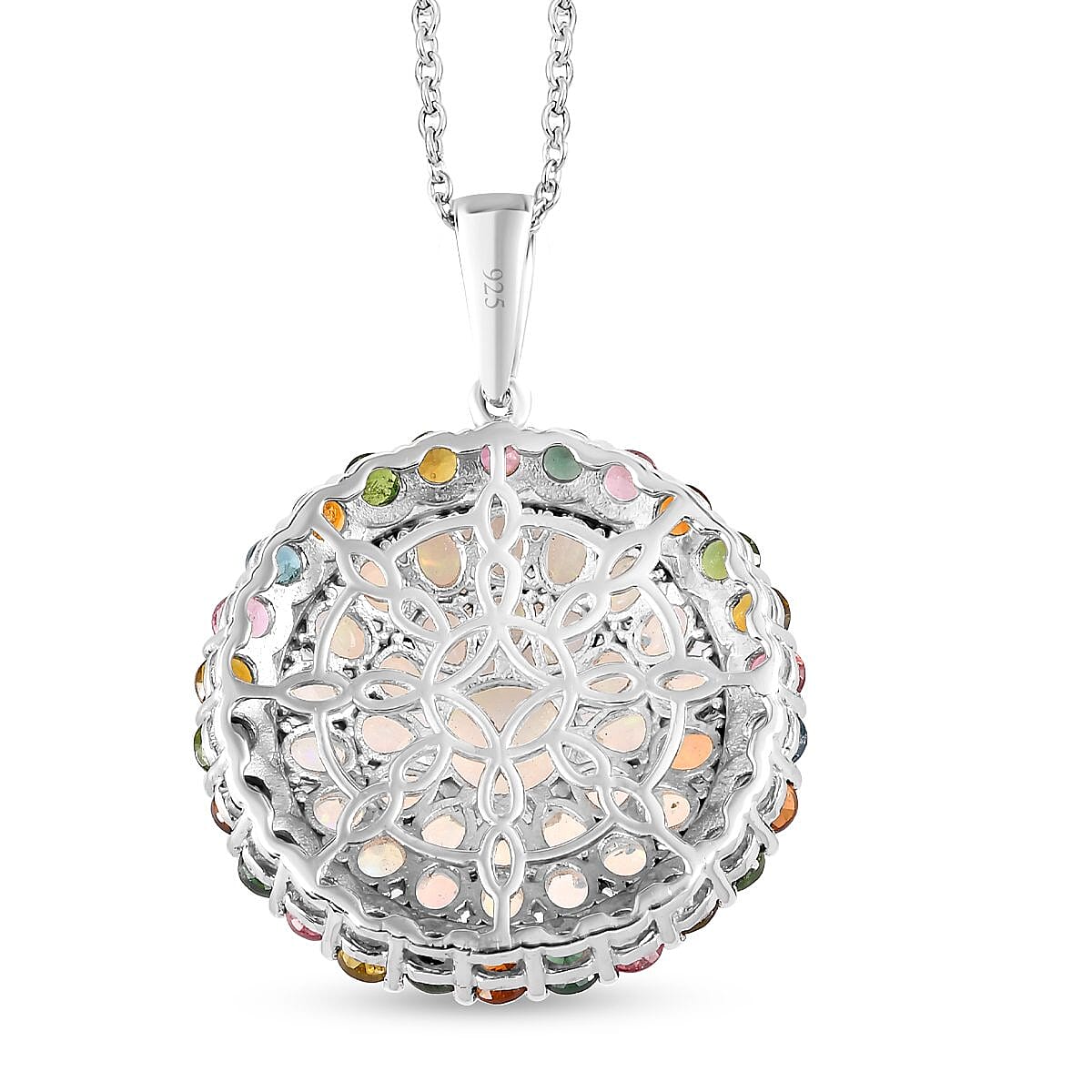 Ethiopian Welo Opal and Multi-Tourmaline Cluster Pendant with Chain (Size 20) in Platinum Overlay Sterling Silver 7.30 Ct, Silver Wt. 10.05 Gms.