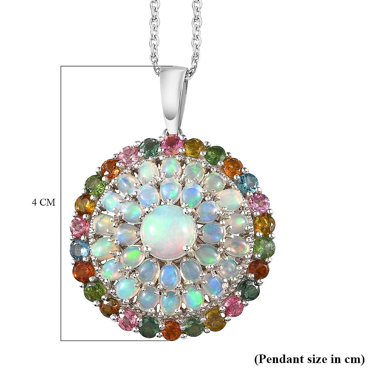Ethiopian Welo Opal and Multi-Tourmaline Cluster Pendant with Chain (Size 20) in Platinum Overlay Sterling Silver 7.30 Ct, Silver Wt. 10.05 Gms.