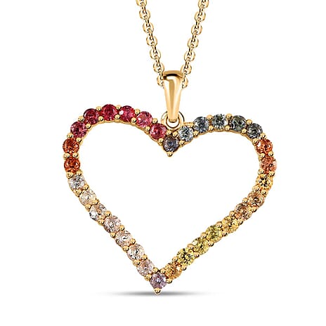 Multi Sapphire Heart Pendant with Chain (Size 20) in 18K Vermeil Yellow Gold Plated Sterling Silver 1.60 Ct Multi Sapphire Heart Pendant with Chain (Size 20) in 18K Vermeil Yellow Gold Plated Sterling Silver 1.60 Ct