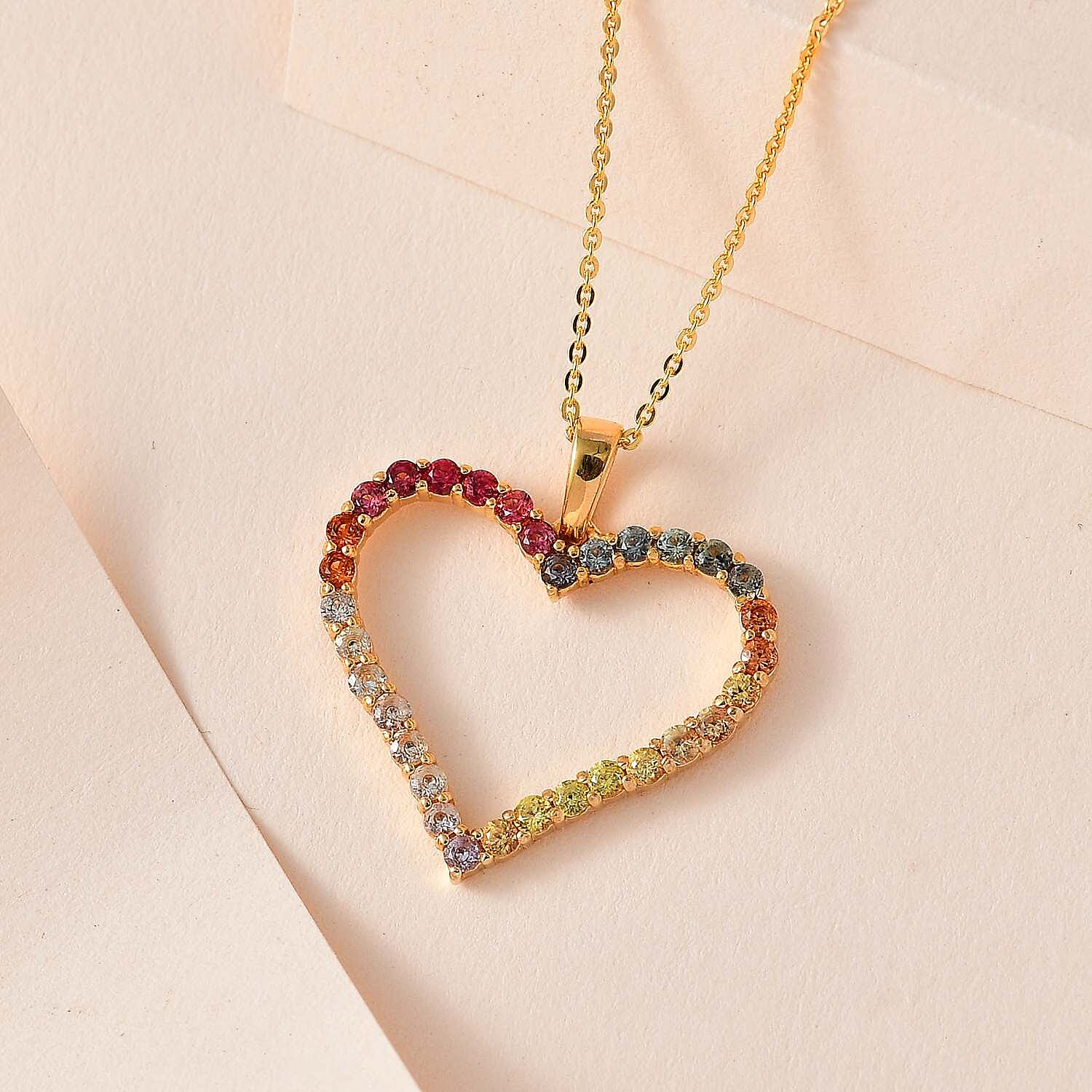 Multi Sapphire Heart Pendant with Chain (Size 20) in 18K Vermeil Yellow Gold Plated Sterling Silver 1.60 Ct