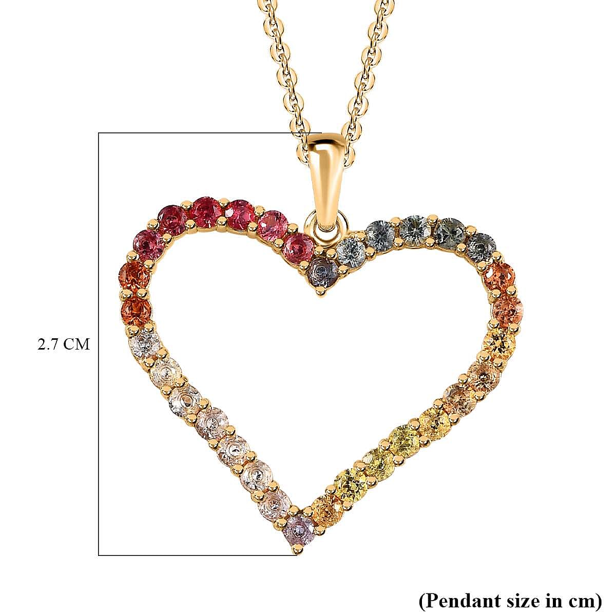 Multi Sapphire Heart Pendant with Chain (Size 20) in 18K Vermeil Yellow Gold Plated Sterling Silver 1.60 Ct