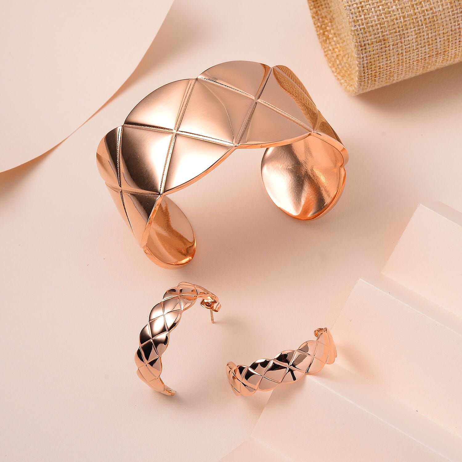 2 Piece Set - Cuff Bangle (Size 7.25) and Earrings in Rose Gold Tone