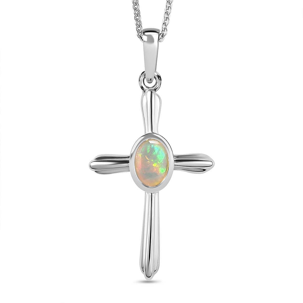 Ethiopian Opal Cross Pendant with Chain (Size 20) in Vermeil 18K Yellow Gold Plating Sterling Silver 0.500 Ct.