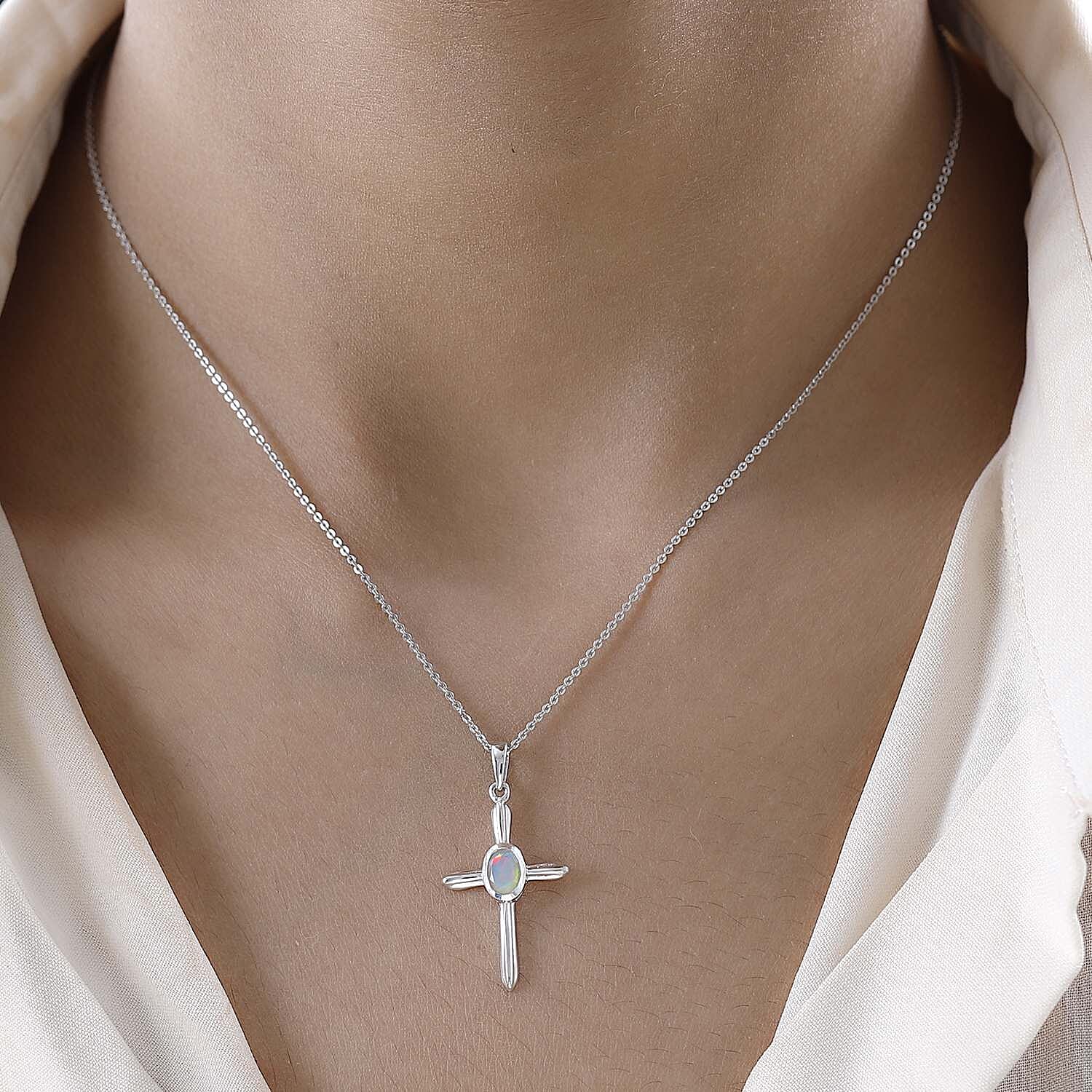 Ethiopian Opal Cross Pendant with Chain (Size 20) in Vermeil 18K Yellow Gold Plating Sterling Silver 0.500 Ct.