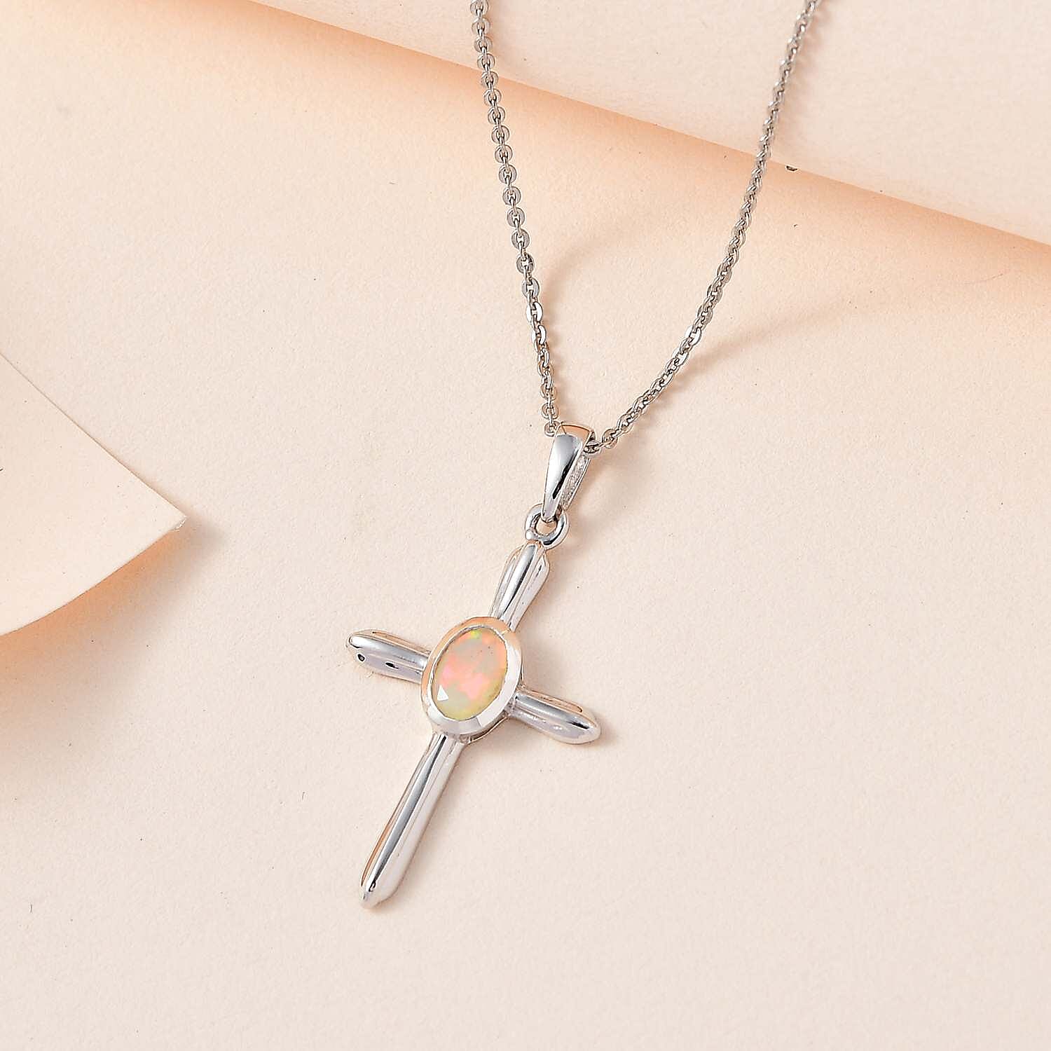 Ethiopian Opal Cross Pendant with Chain (Size 20) in Vermeil 18K Yellow Gold Plating Sterling Silver 0.500 Ct.