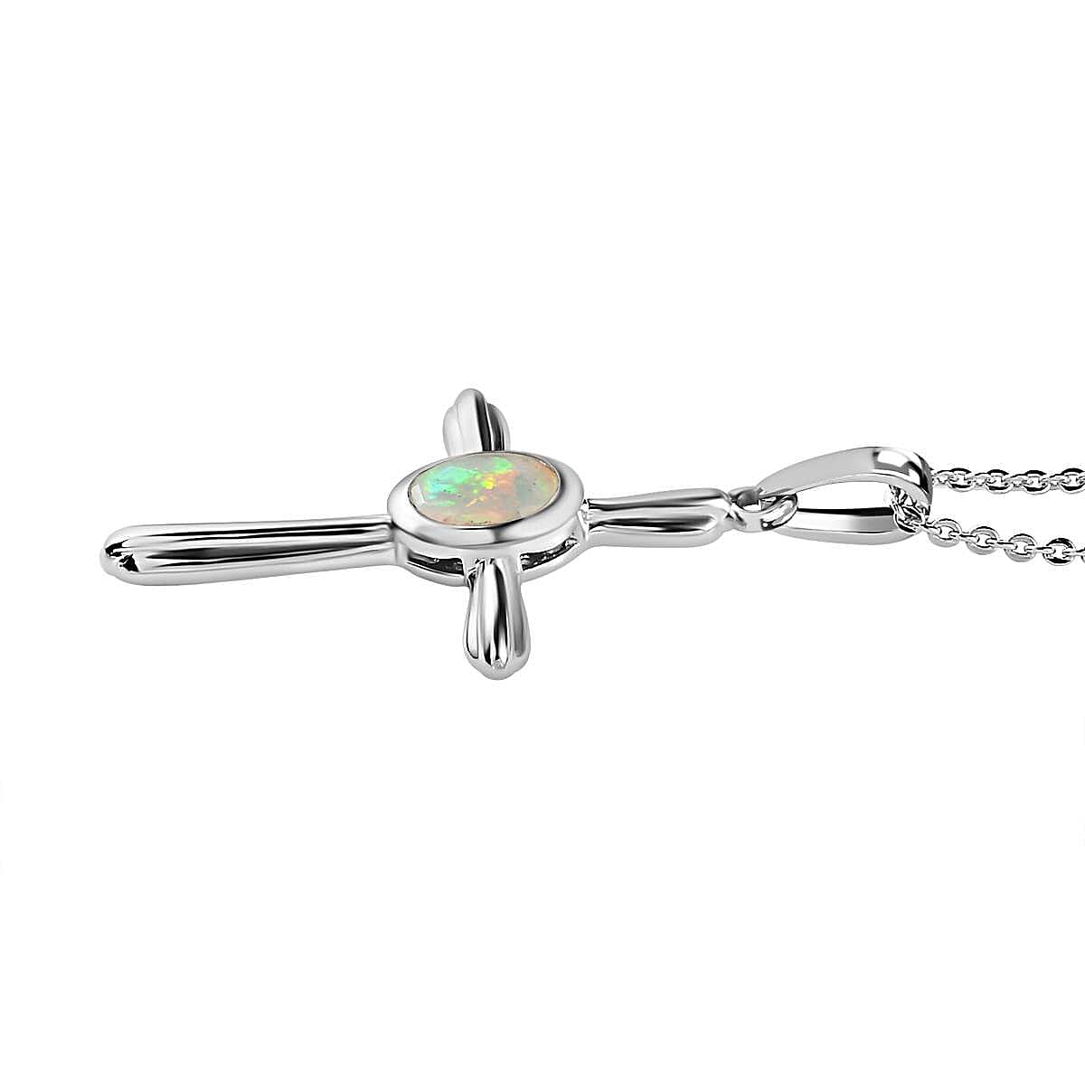 Ethiopian Opal Cross Pendant with Chain (Size 20) in Vermeil 18K Yellow Gold Plating Sterling Silver 0.500 Ct.