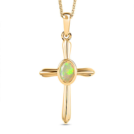 Ethiopian Opal Cross Pendant with Chain (Size 20) in Vermeil 18K Yellow Gold Plating Sterling Silver 0.500 Ct.