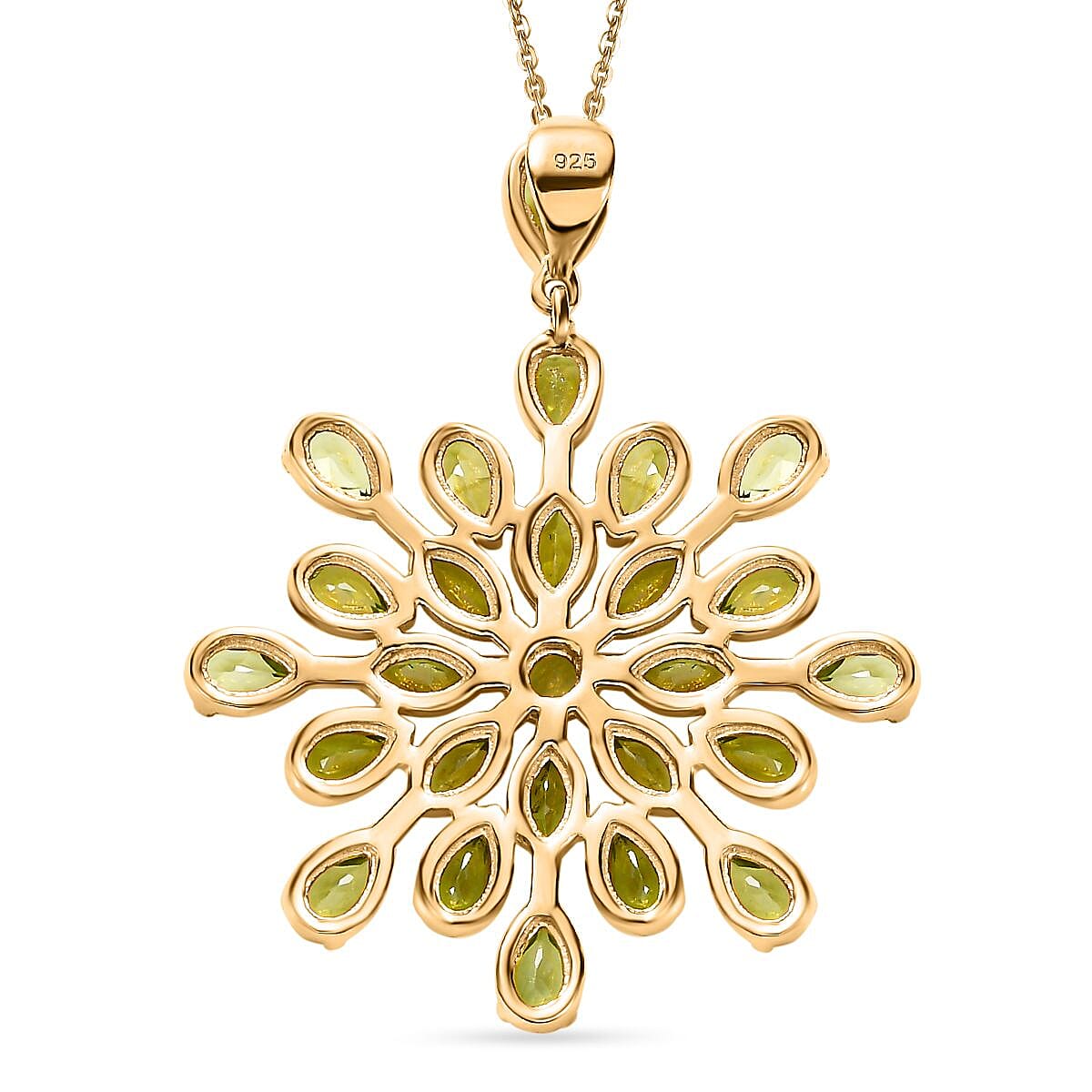 Hebei Peridot Floral Pendant with Chain in Vermeil Yellow Gold Plated Sterling Silver 5.74 Ct, Silver Wt 8.79 Gms.