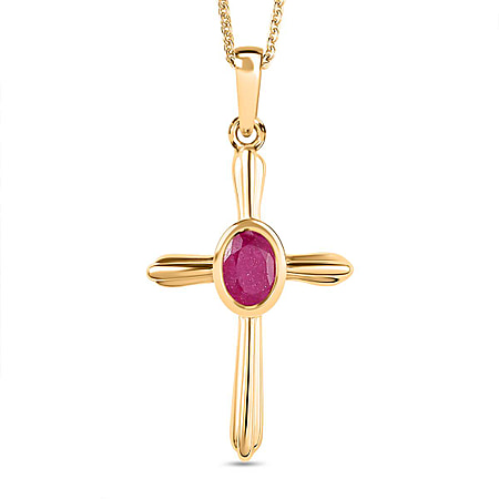 African Ruby Cross Pendant with Chain (Size 20) in Vermeil 18K Yellow Gold Plating Sterling Silver 0.500 Ct.