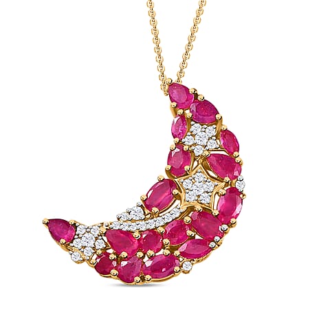 GP Celestial Dream Collection - African Ruby & White Zircon Half Moon Pendant with Chain (Size 20) in Platinum Overlay Sterling Silver 4.80 Ct