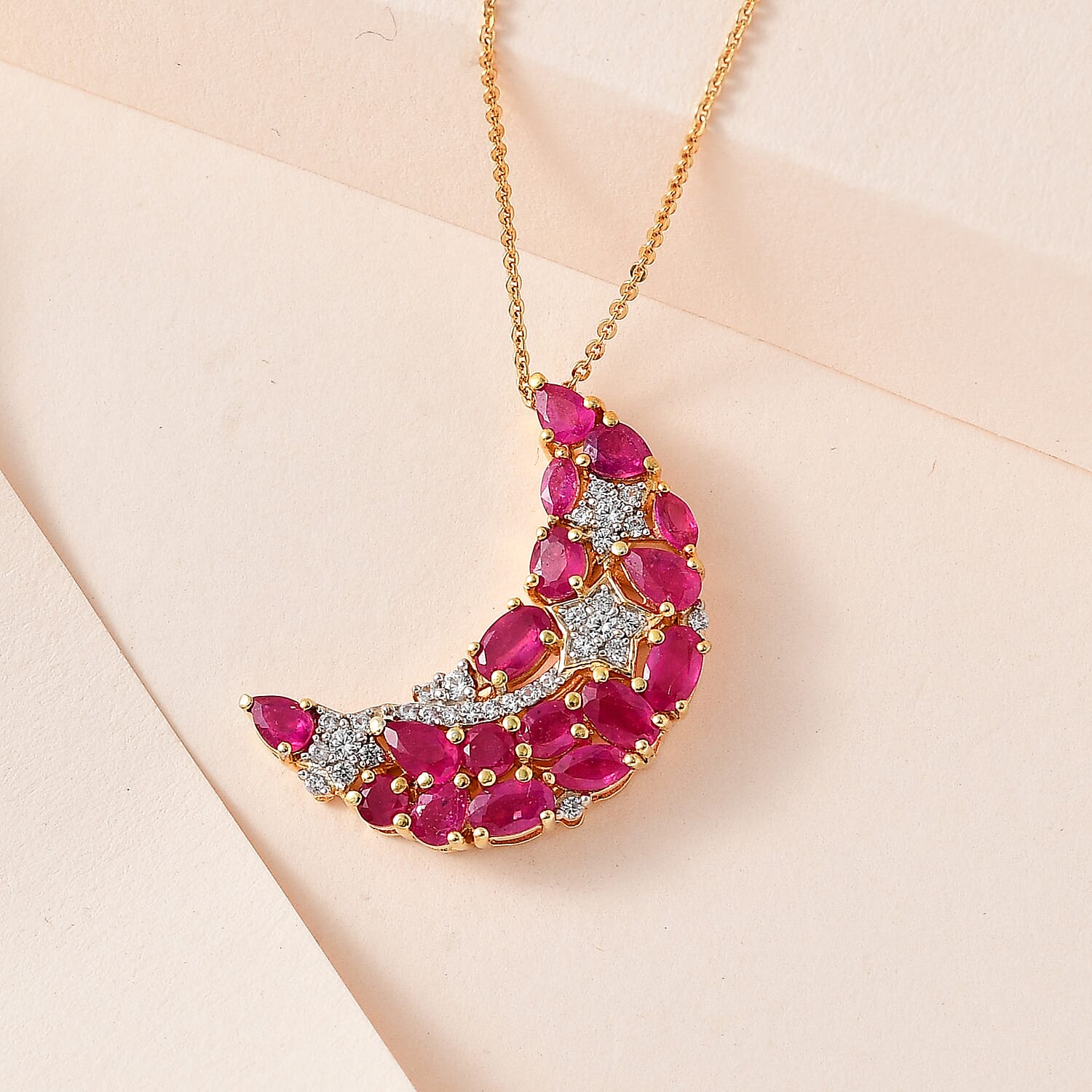 GP Celestial Dream Collection - African Ruby & White Zircon Half Moon Pendant with Chain (Size 20) in Platinum Overlay Sterling Silver 4.80 Ct