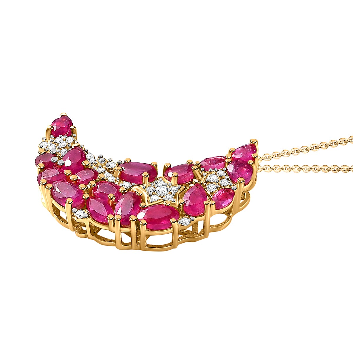 GP Celestial Dream Collection - African Ruby & White Zircon Half Moon Pendant with Chain (Size 20) in Platinum Overlay Sterling Silver 4.80 Ct