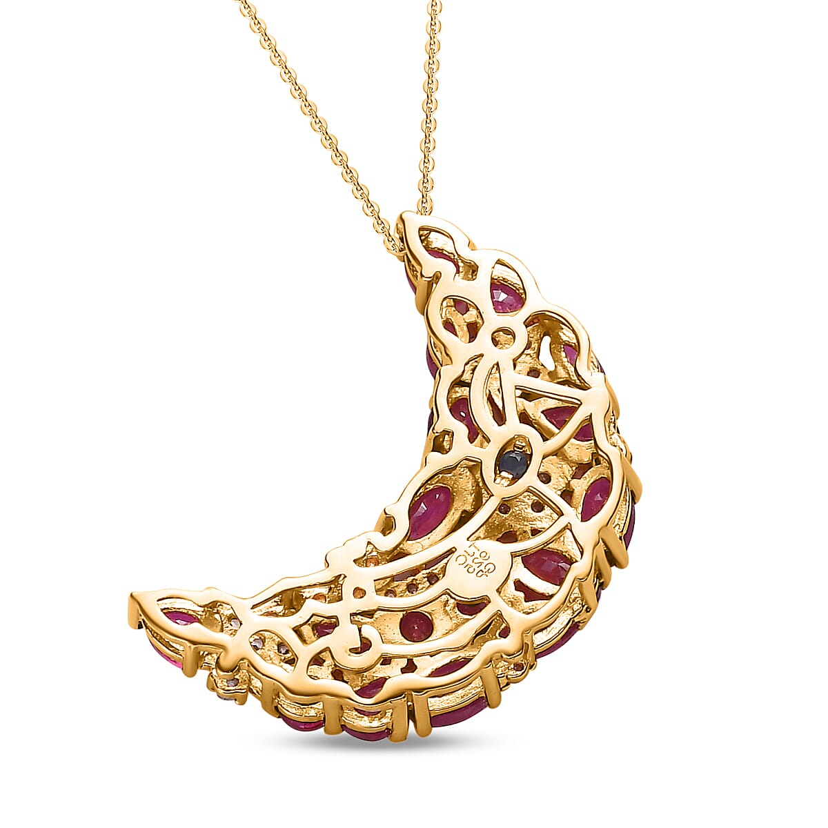 GP Celestial Dream Collection - African Ruby & White Zircon Half Moon Pendant with Chain (Size 20) in Platinum Overlay Sterling Silver 4.80 Ct