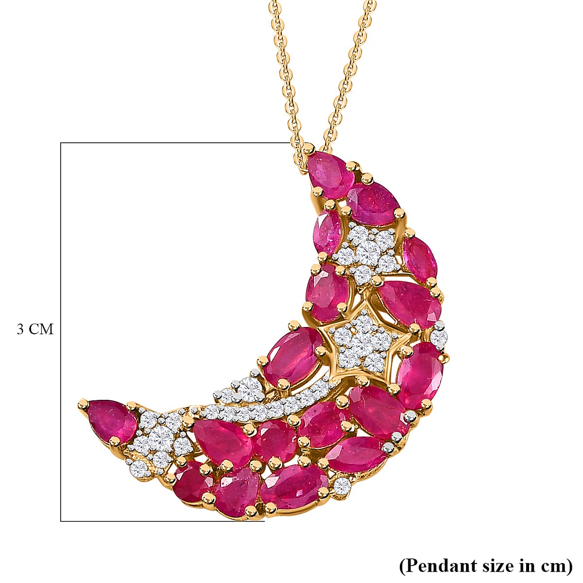 GP Celestial Dream Collection - African Ruby & White Zircon Half Moon Pendant with Chain (Size 20) in Platinum Overlay Sterling Silver 4.80 Ct
