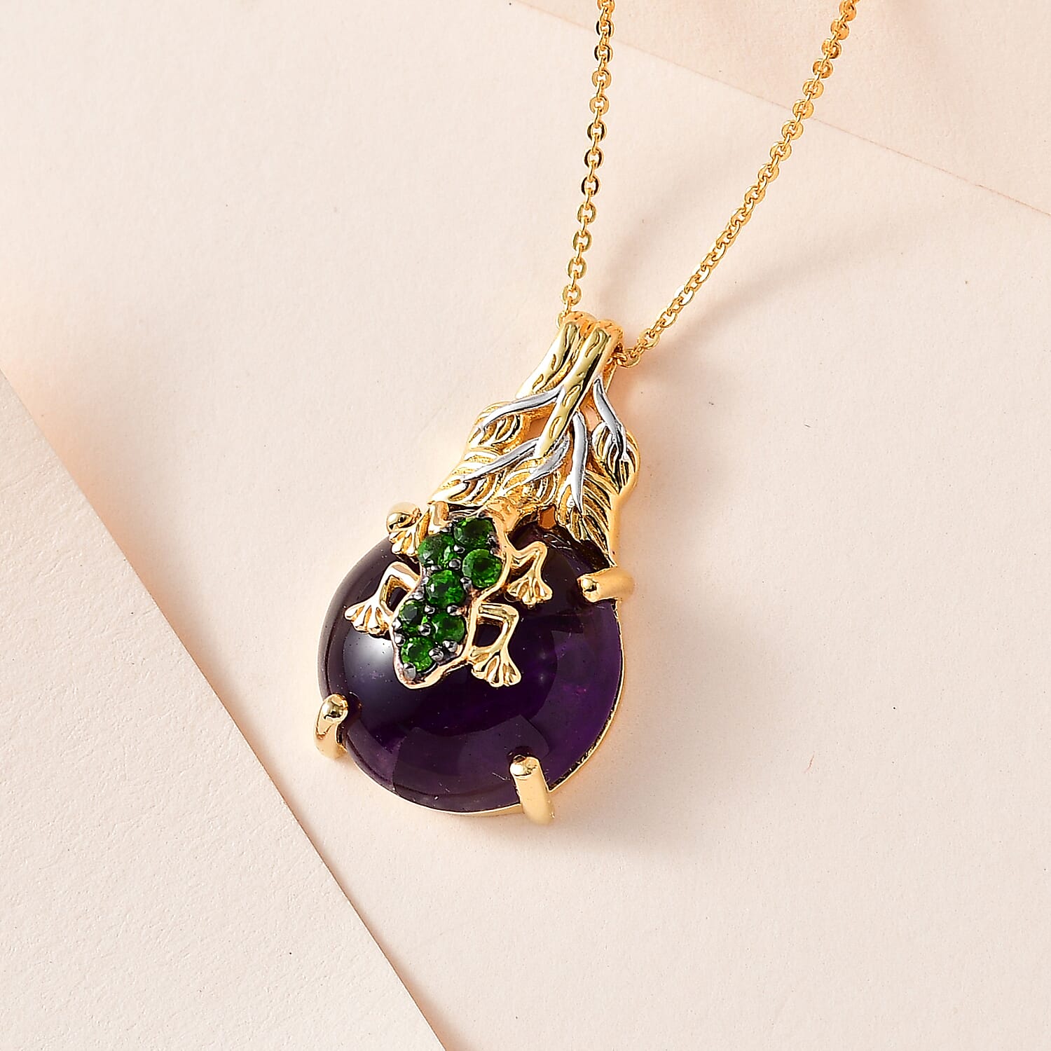GP Italian Garden Collection - Amethyst & Natural Chrome Diopside Pendant with Chain (Size 20) in 18K Vermeil Yellow Gold Plated Sterling Silver 11.46 Ct, Silver Wt. 7.00 Gms