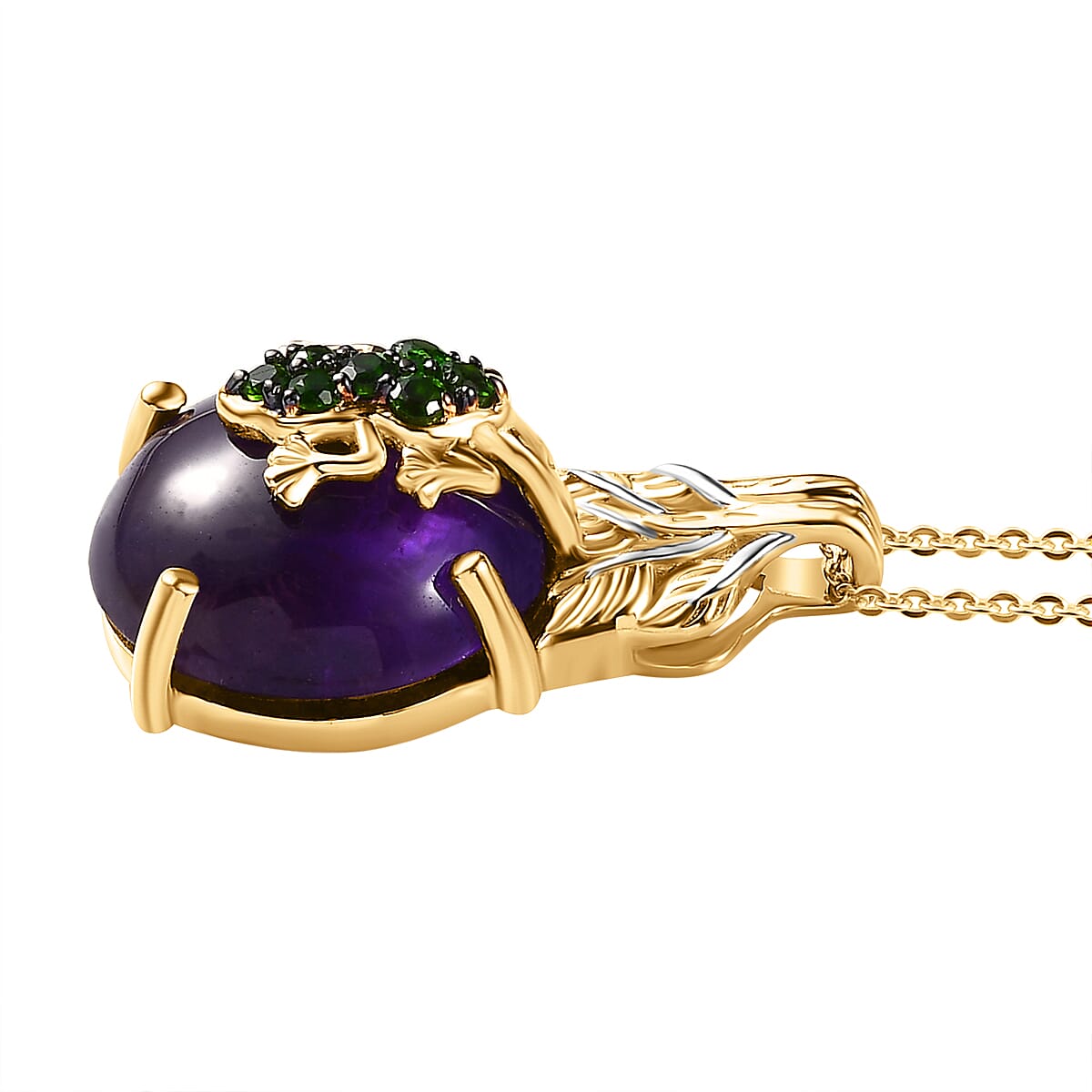 GP Italian Garden Collection - Amethyst & Natural Chrome Diopside Pendant with Chain (Size 20) in 18K Vermeil Yellow Gold Plated Sterling Silver 11.46 Ct, Silver Wt. 7.00 Gms