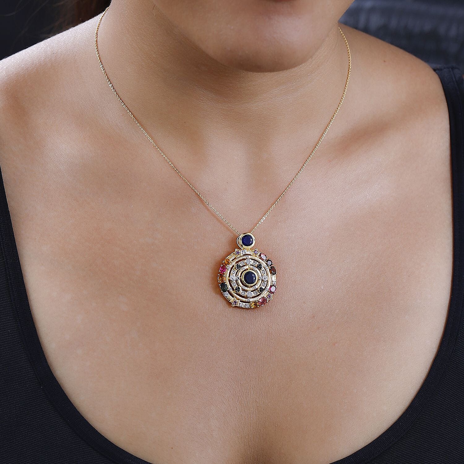 GP Celestial Dream Collection - Masoala Sapphire & Multi Gemstone Pendant with Chain (Size 20) in Platinum Overlay Sterling Silver 4.85 Ct, Silver Wt. 7.26 Gms