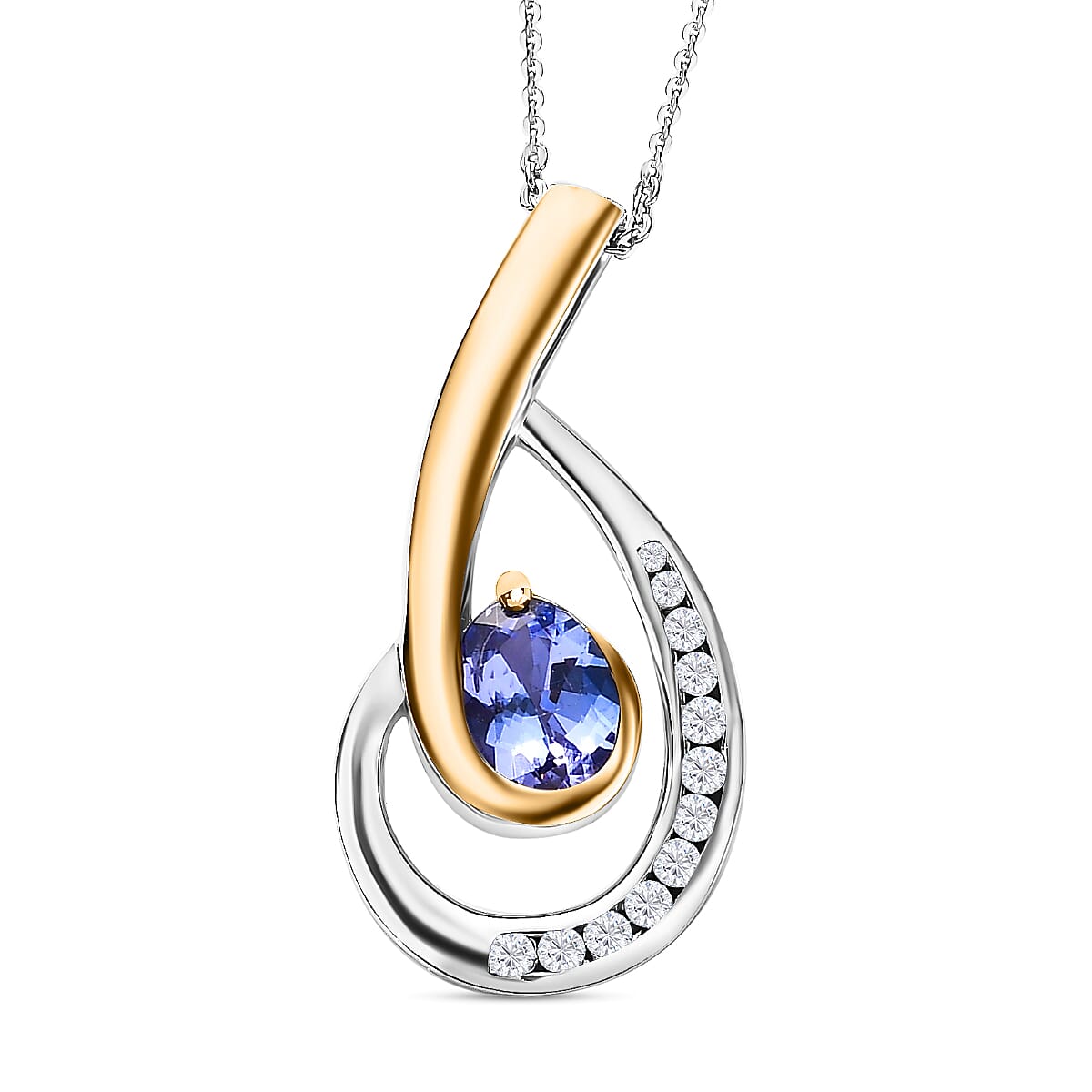 Tanzanite & Natural Zircon Swirl Pendant with Chain (Size 20) in Two-Tone Plated Sterling Silver