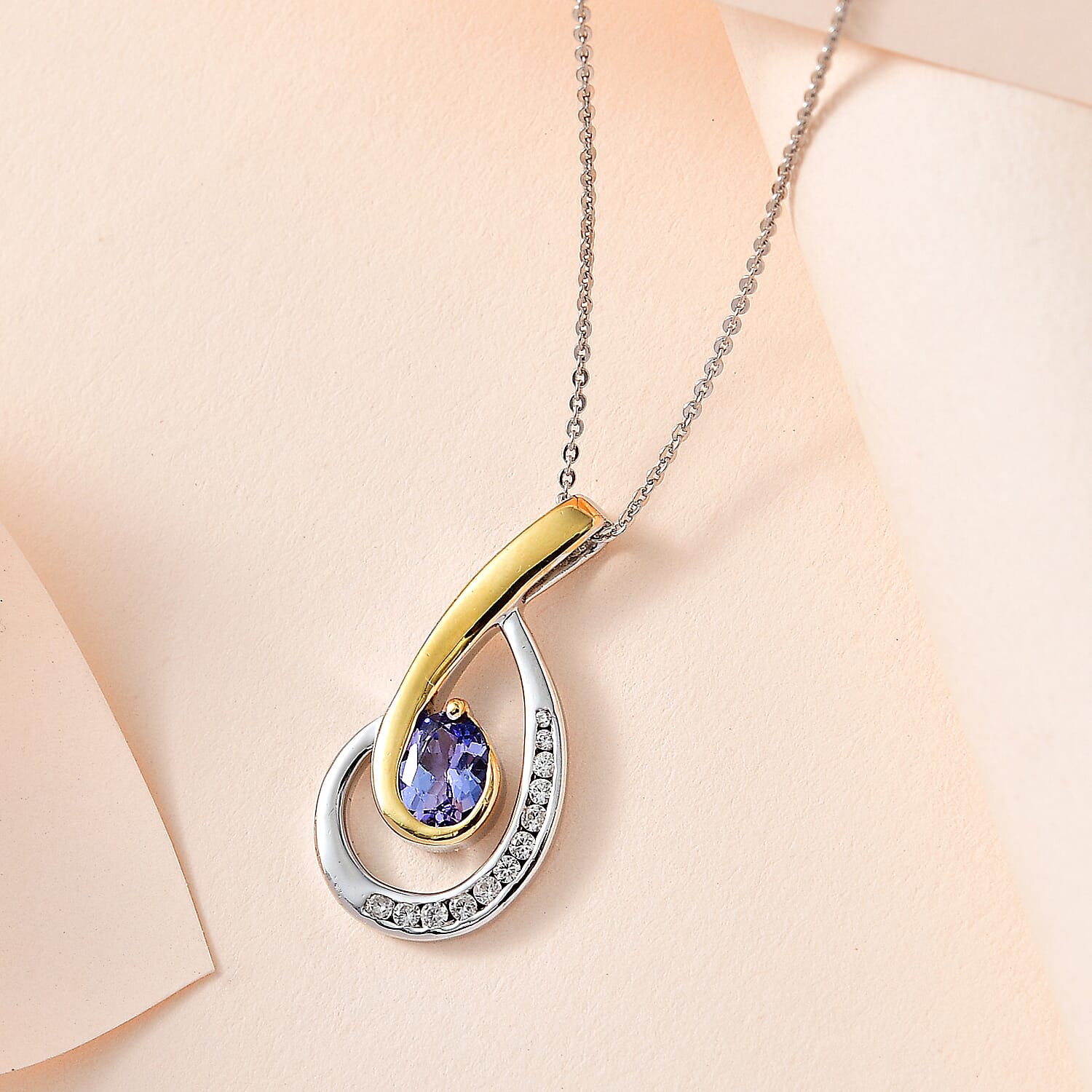 Tanzanite & Natural Zircon Swirl Pendant with Chain (Size 20) in Two-Tone Plated Sterling Silver