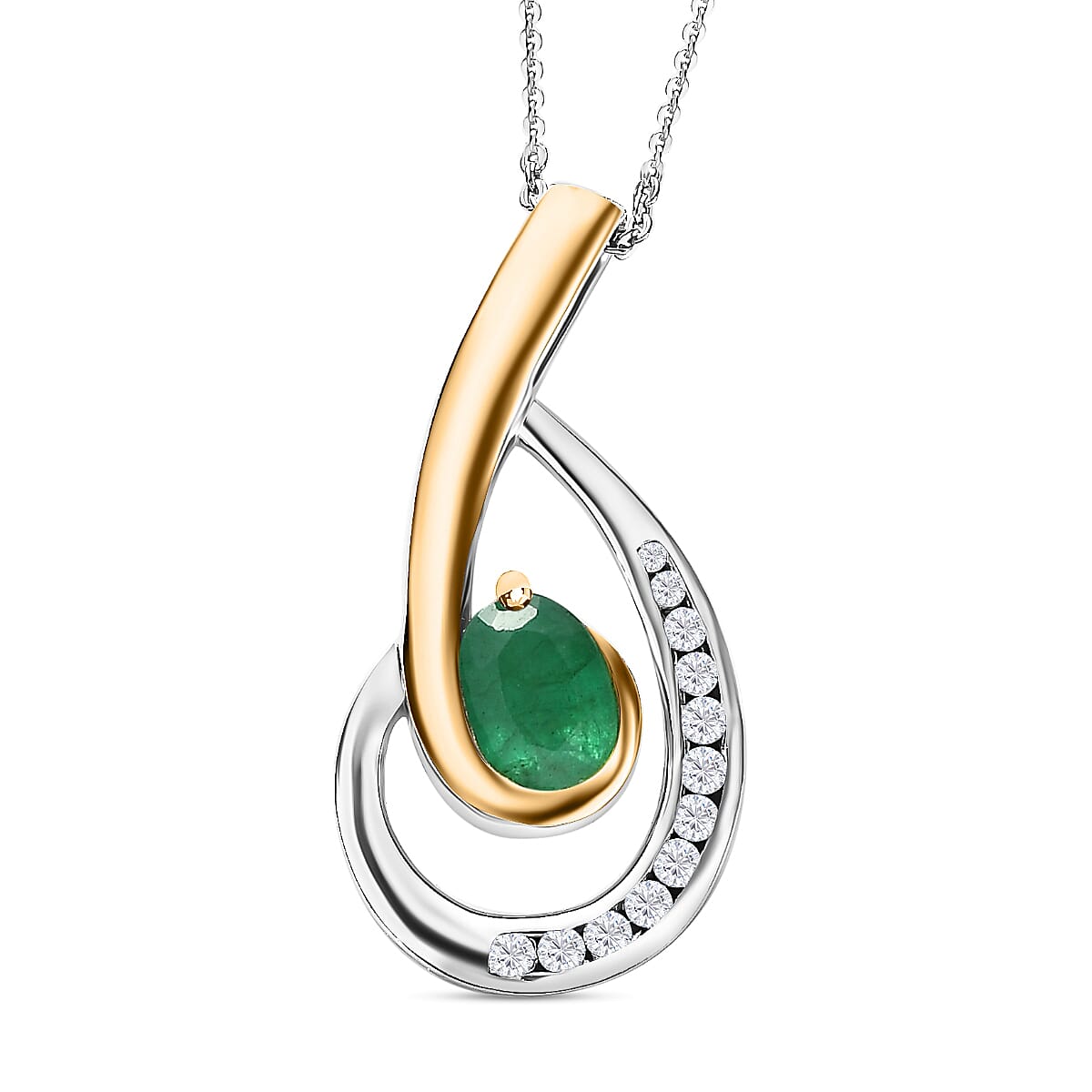 Emerald & Natural Zircon Swirl Pendant with Chain (Size 20) in Two-Tone Plated Sterling Silver