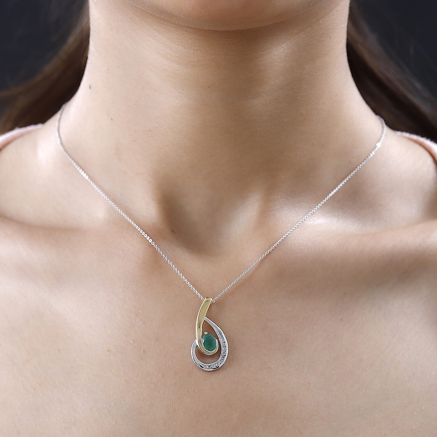 Emerald & Natural Zircon Swirl Pendant with Chain (Size 20) in Two-Tone Plated Sterling Silver