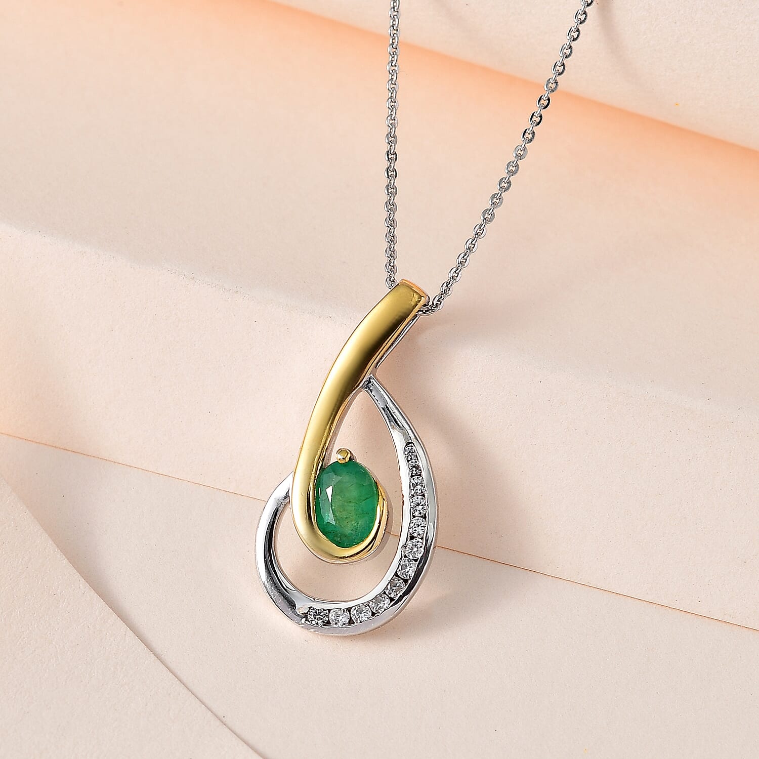 Emerald & Natural Zircon Swirl Pendant with Chain (Size 20) in Two-Tone Plated Sterling Silver