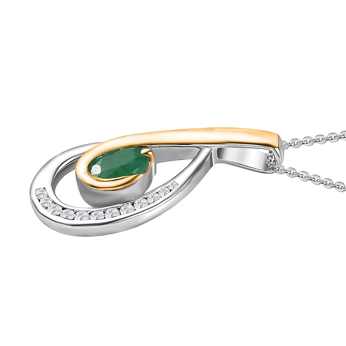 Emerald & Natural Zircon Swirl Pendant with Chain (Size 20) in Two-Tone Plated Sterling Silver