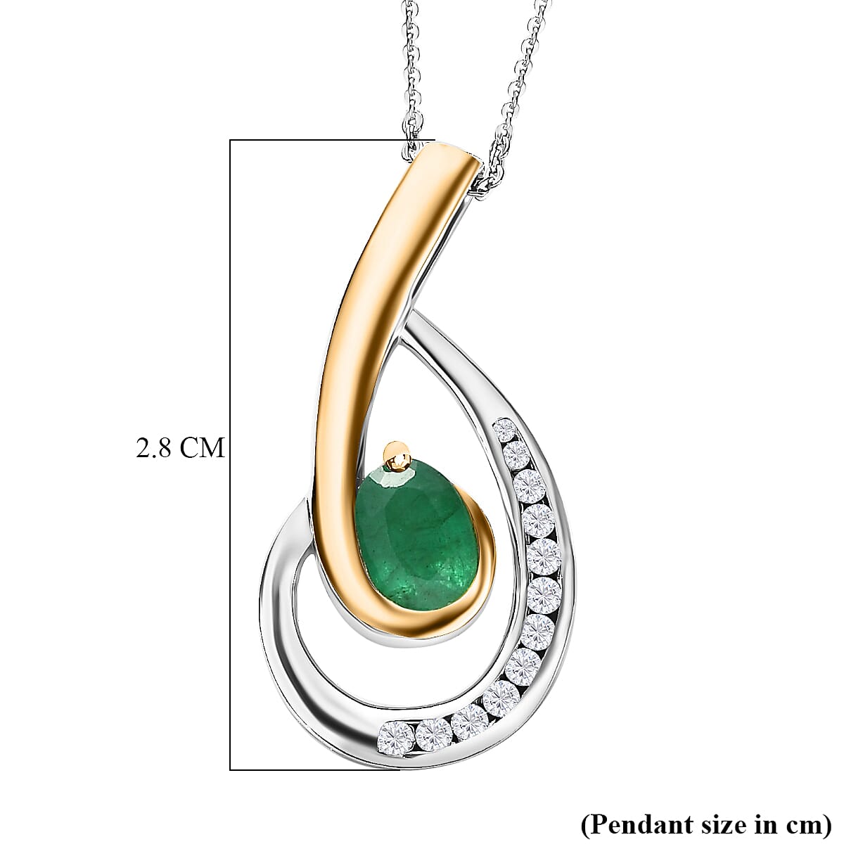 Emerald & Natural Zircon Swirl Pendant with Chain (Size 20) in Two-Tone Plated Sterling Silver