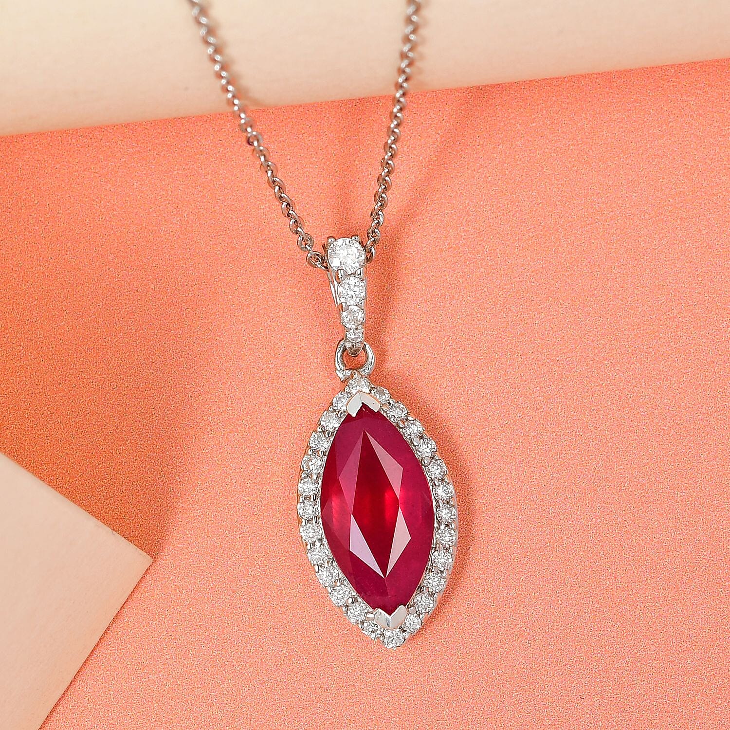 African Ruby and Moissanite Pendant with Chain (Size 20) in Platinum Overlay Sterling Silver 3.75 Ct.