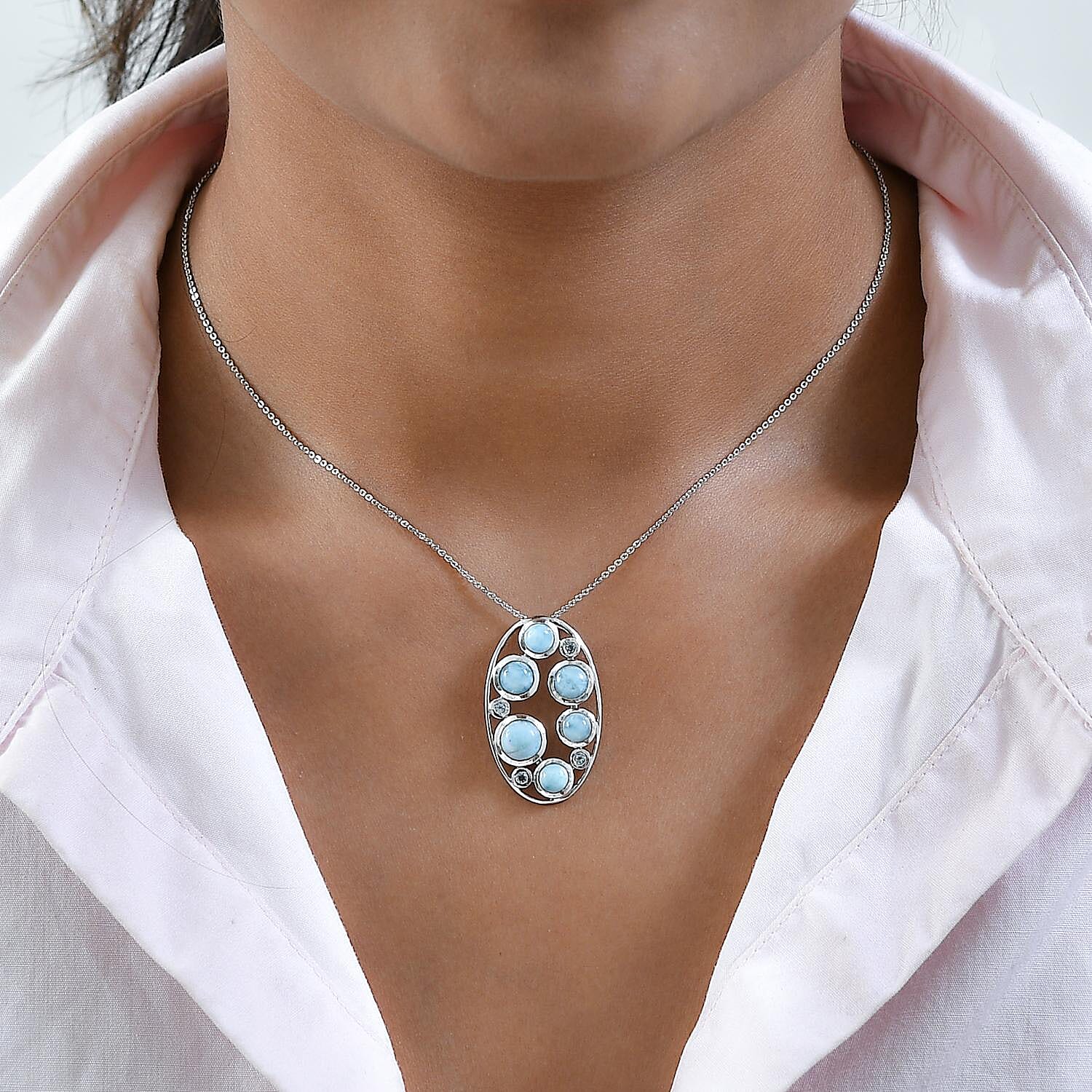 Larimar and Swiss Blue Topaz Pendant with Chain (Size- 20) in Platinum Overlay Sterling Silver 5.25 Ct, Silver Wt 5.50 Gms.
