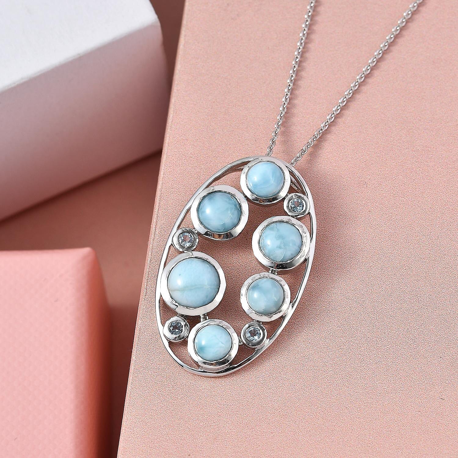 Larimar and Swiss Blue Topaz Pendant with Chain (Size- 20) in Platinum Overlay Sterling Silver 5.25 Ct, Silver Wt 5.50 Gms.
