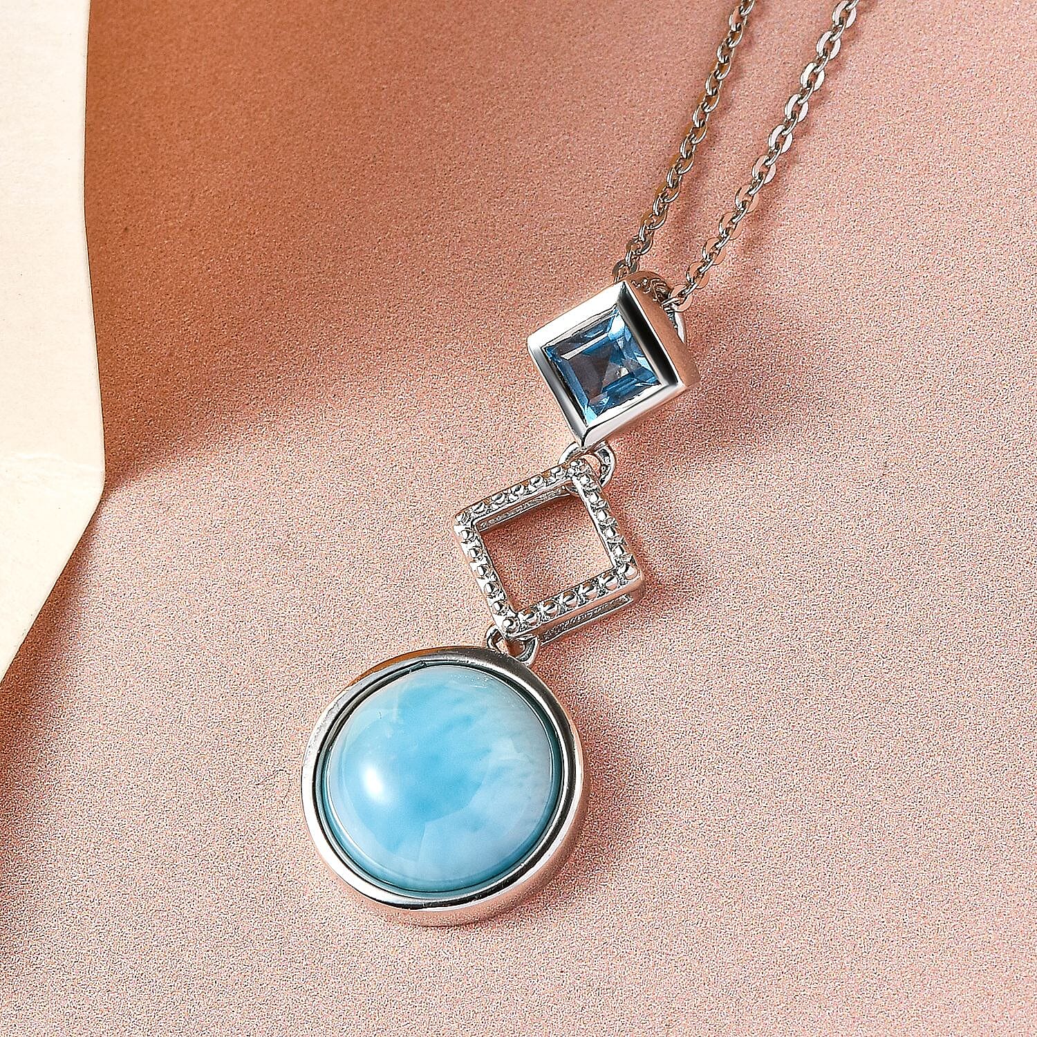 Larimar and Swiss Blue Topaz Pendant with Chain (Size 20 ) in Platinum Overlay Sterling Silver4.63 Ct, Silver Wt. 3.90 Gms