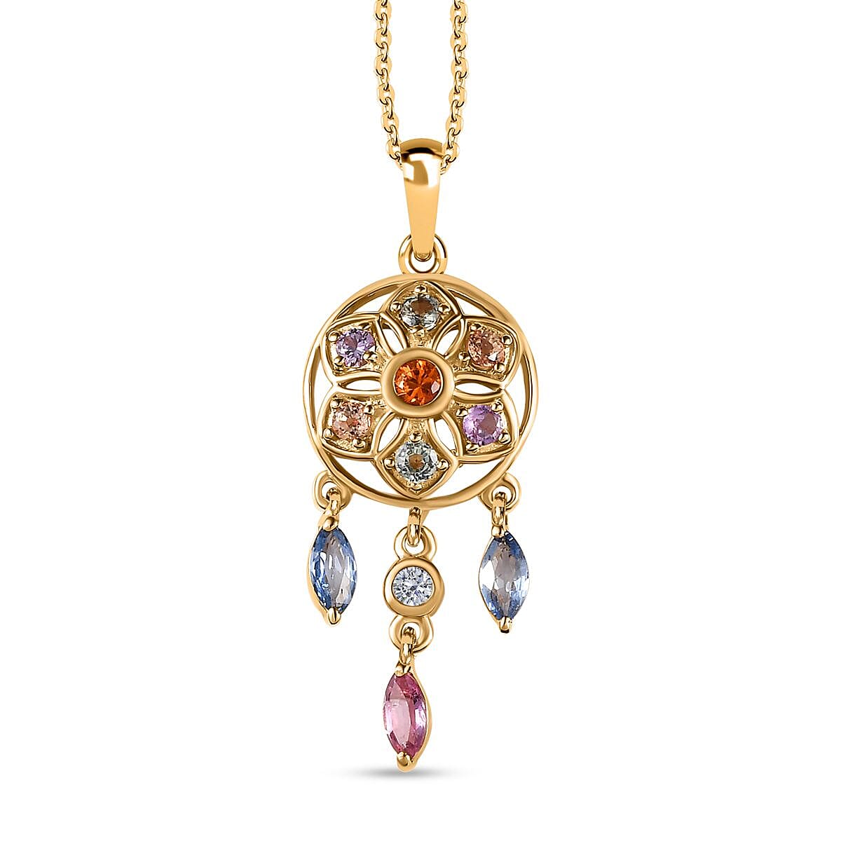 Orange Sapphire, Multi Sapphire & Natural Zircon Dream Catcher Pendant with Chain (Size - 20) in 18K Vermeil Yellow Gold Plated Sterling Silver 1.64 Ct.