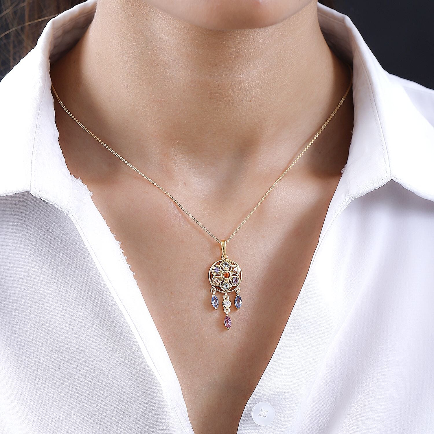 Orange Sapphire, Multi Sapphire & Natural Zircon Dream Catcher Pendant with Chain (Size - 20) in 18K Vermeil Yellow Gold Plated Sterling Silver 1.64 Ct.