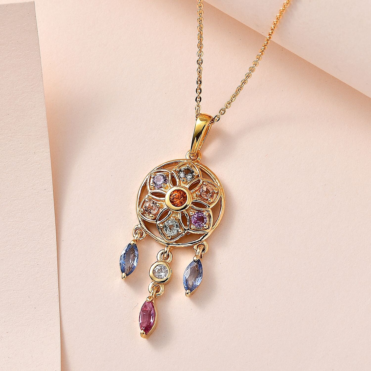 Orange Sapphire, Multi Sapphire & Natural Zircon Dream Catcher Pendant with Chain (Size - 20) in 18K Vermeil Yellow Gold Plated Sterling Silver 1.64 Ct.