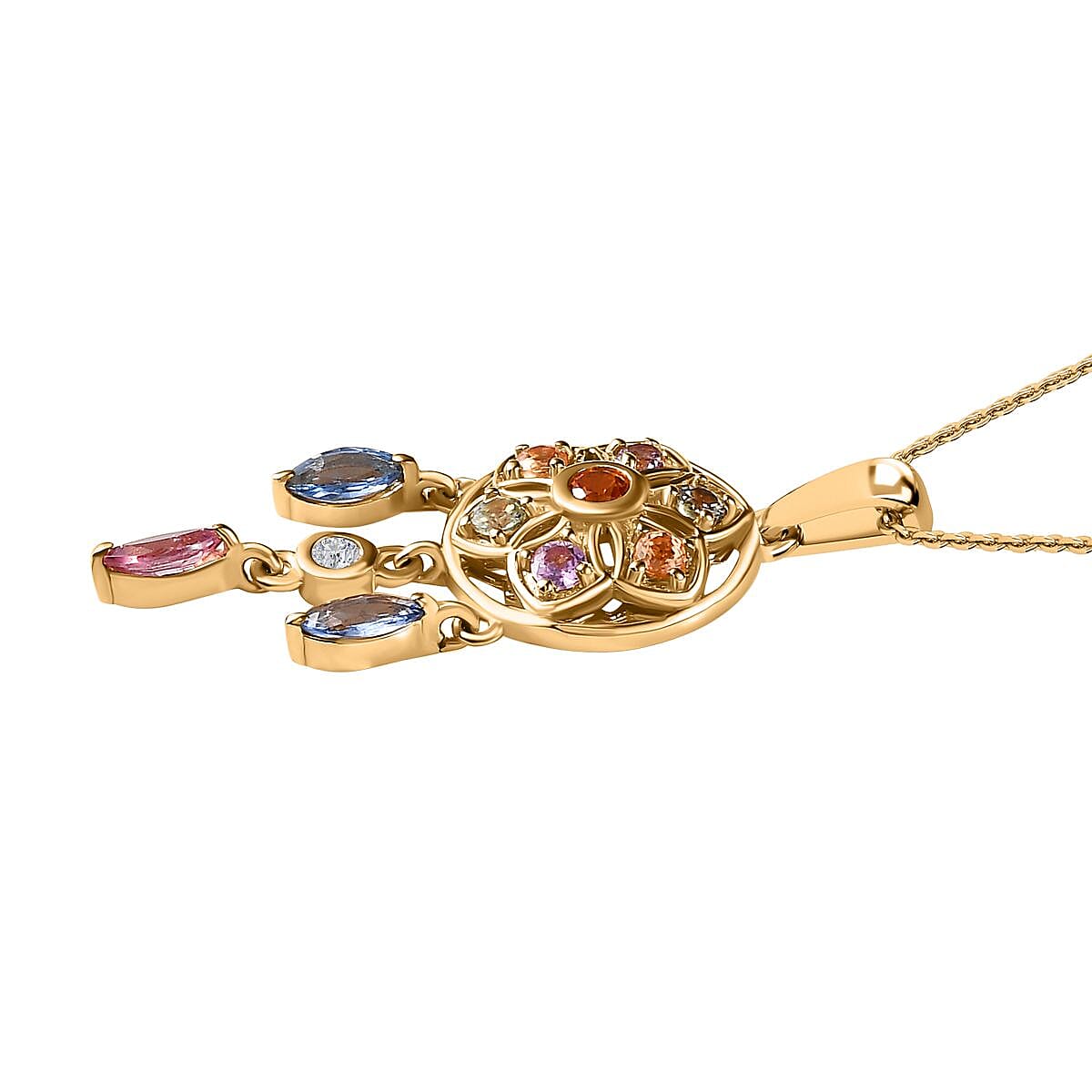 Orange Sapphire, Multi Sapphire & Natural Zircon Dream Catcher Pendant with Chain (Size - 20) in 18K Vermeil Yellow Gold Plated Sterling Silver 1.64 Ct.
