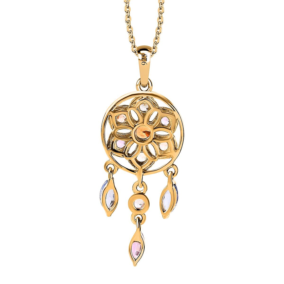 Orange Sapphire, Multi Sapphire & Natural Zircon Dream Catcher Pendant with Chain (Size - 20) in 18K Vermeil Yellow Gold Plated Sterling Silver 1.64 Ct.