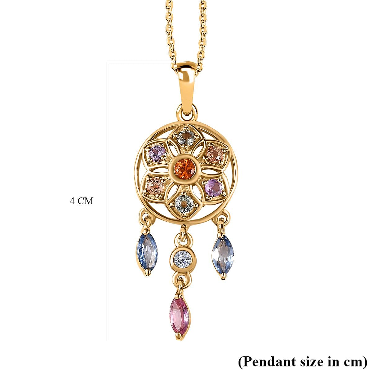 Orange Sapphire, Multi Sapphire & Natural Zircon Dream Catcher Pendant with Chain (Size - 20) in 18K Vermeil Yellow Gold Plated Sterling Silver 1.64 Ct.